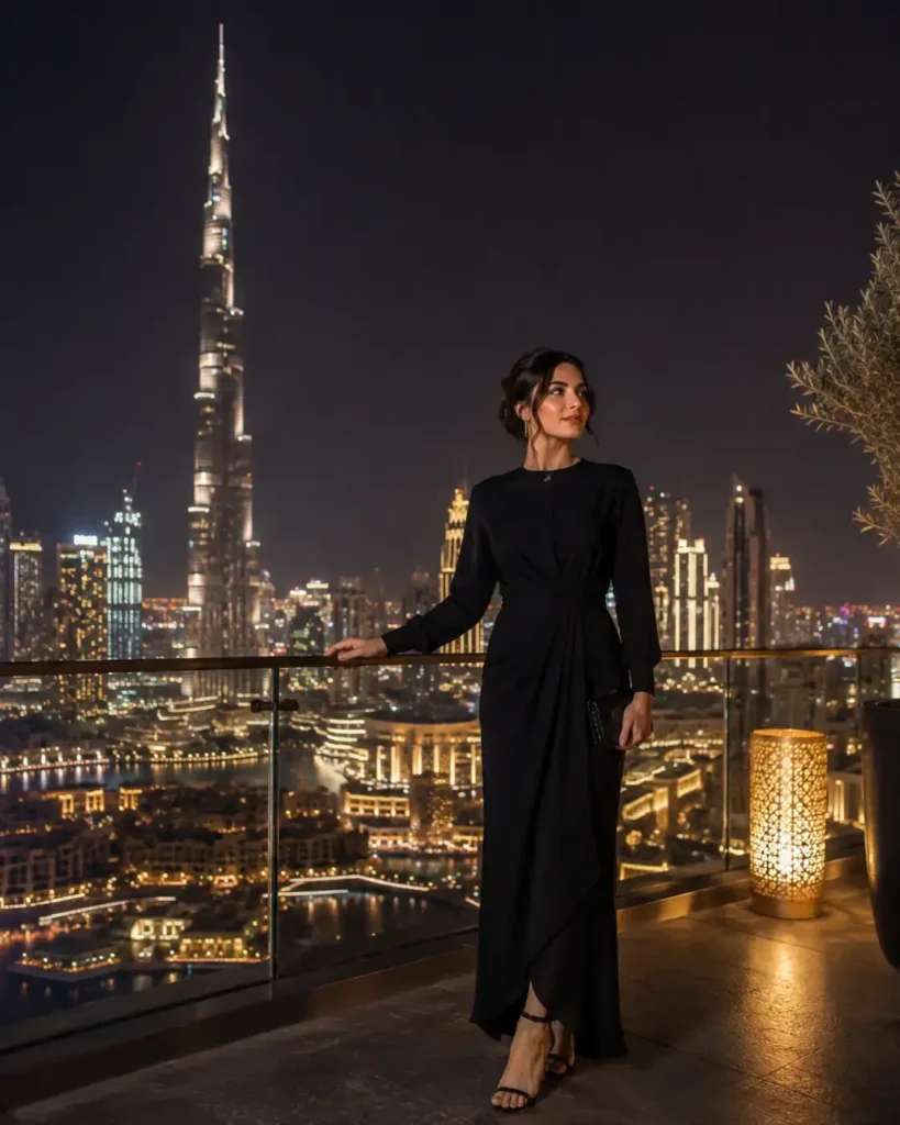 Elegant woman enjoying Downtown Dubai nightlife with Burj Khalifa views